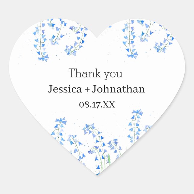 Rustic Bluebells Blue Floral Thank You Favour  Heart Sticker (Front)