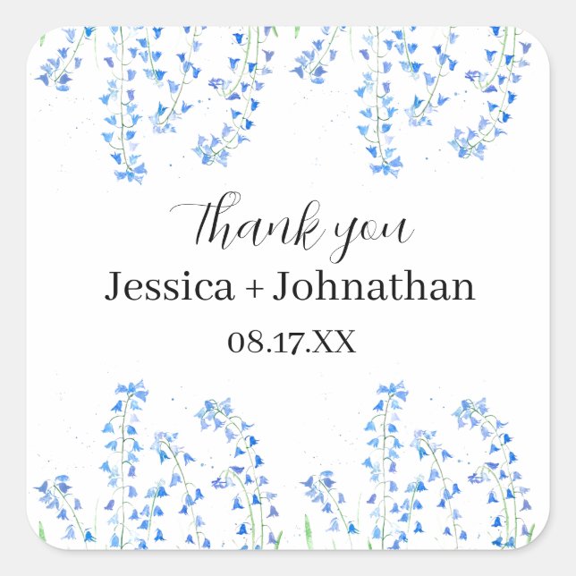Rustic Bluebells Blue Floral Thank You Favour  Square Sticker (Front)