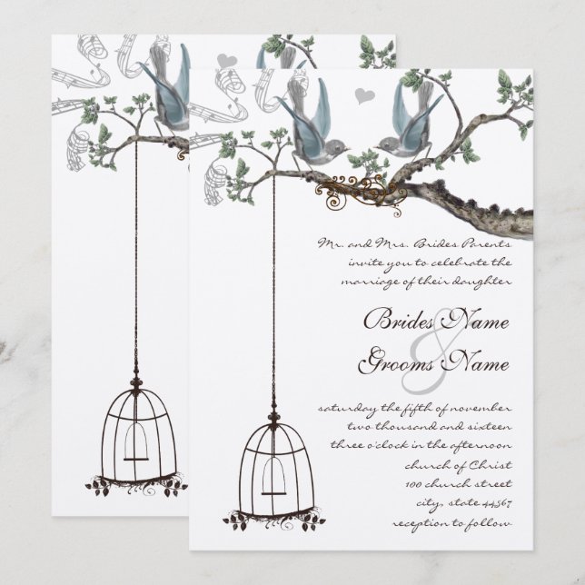 Rustic Bluebird Birdcage Wedding Invite (Front/Back)