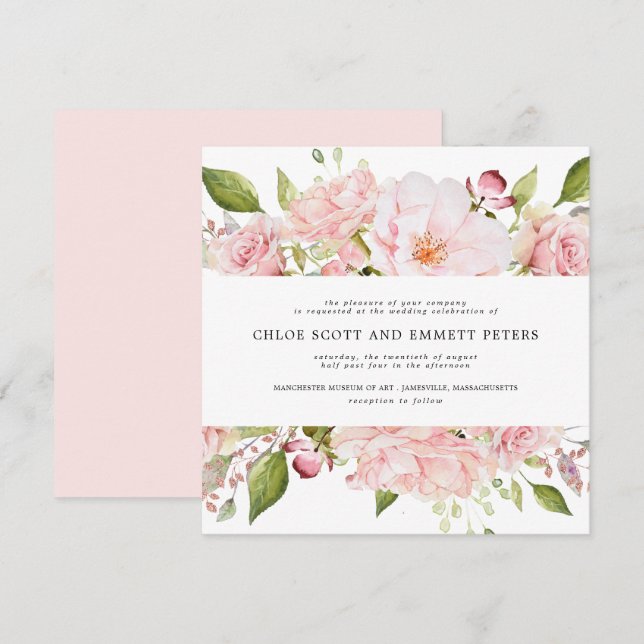 Rustic Blus Pink Rose Floral Square Wedding Invitation (Front/Back)