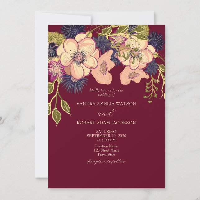 Rustic Blush and Burgundy Floral Wedding Invite (Front)
