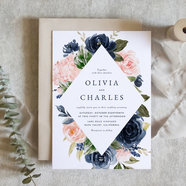 Rustic Blush and Navy Blue Floral Frame Wedding Invitation (Rustic Watercolor Blush and Navy Blue Floral Frame Wedding Invitation)