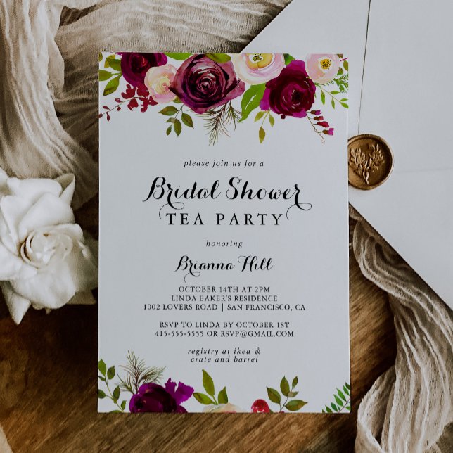 Rustic Blush Burgundy Bridal Shower Tea Party Invitation (Creator Uploaded)