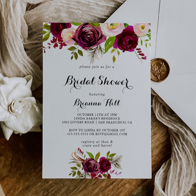 Rustic Blush Burgundy Floral Bridal Shower Invitation (Creator Uploaded)