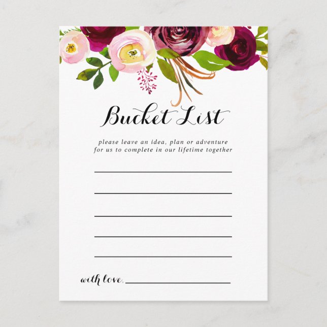 Rustic Blush Burgundy Floral Bucket List Cards (Front)