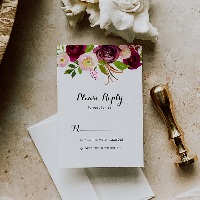 Rustic Blush Burgundy Floral Calligraphy RSVP (Creator Uploaded)