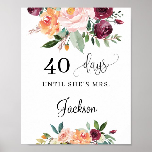 Rustic blush burgundy floral countdown sign (Front)