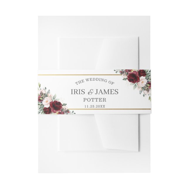Rustic Blush Burgundy Floral Gold Greenery Wedding Invitation Belly Band (Front Example)