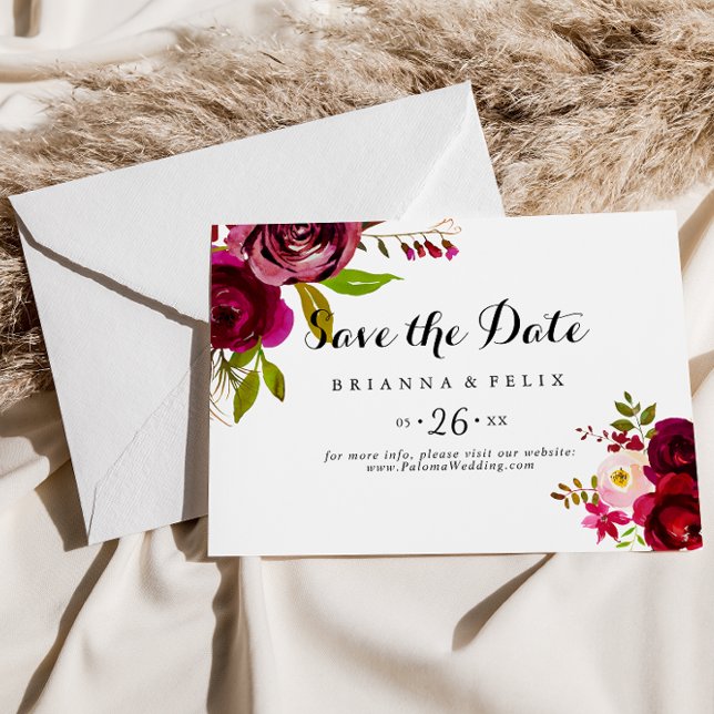 Rustic Blush Burgundy Floral Horizontal Wedding Save The Date (Creator Uploaded)