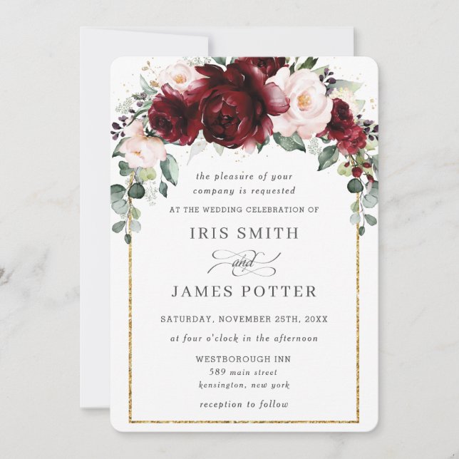 Rustic Blush Burgundy Floral Roses Arch Wedding  Invitation (Front)