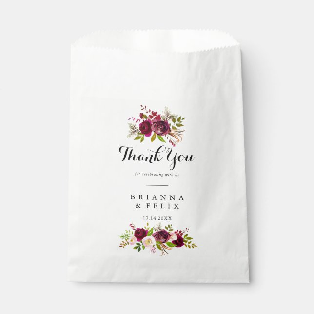 Rustic Blush Burgundy Floral Thank You Wedding Favour Bags (Front)