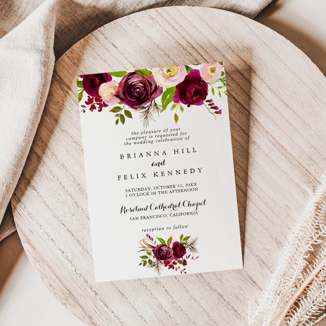 Rustic Blush Burgundy Floral Traditional Wedding Invitation (Creator Uploaded)