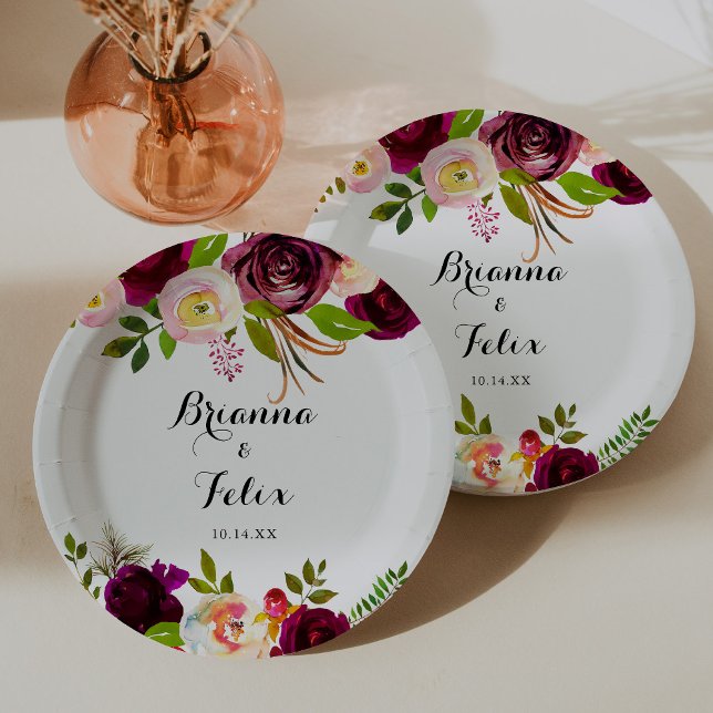 Rustic Blush Burgundy Floral Wedding Cake Paper Plate (Creator Uploaded)