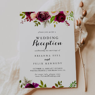 Rustic Blush Burgundy Floral Wedding Reception Invitation
