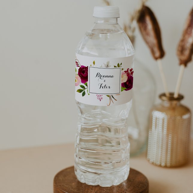 Rustic Blush Burgundy Floral Wedding Water Bottle Label (Creator Uploaded)