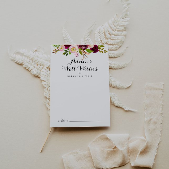 Rustic Blush Burgundy Floral Wedding Well Wishes Advice Card (Creator Uploaded)