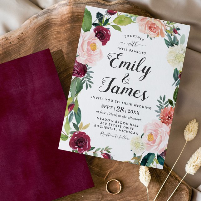 Rustic Blush Burgundy Floral Wreath Script Wedding Invitation (Creator Uploaded)