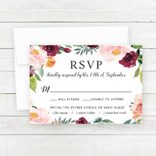Rustic Blush Burgundy Floral Wreath Wedding RSVP Card