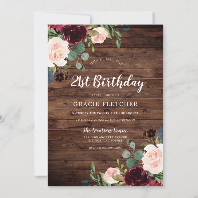 Rustic Blush & Burgundy Flowers 21st Birthday Invitation (Front)