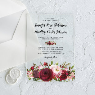 Rustic Blush Burgundy Flowers Wedding Acrylic Invitations