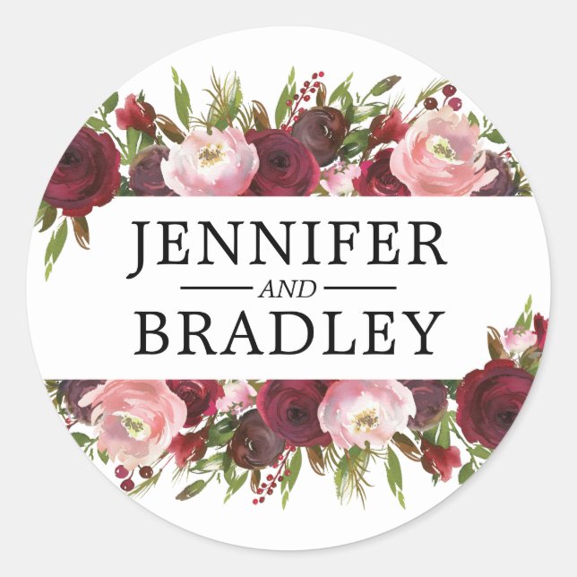 Rustic Blush Burgundy Flowers Wedding Classic Round Sticker (Front)