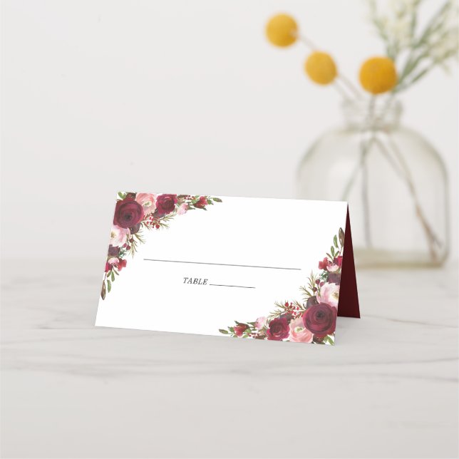 Rustic Blush Burgundy Flowers Wedding Place Card (Front)