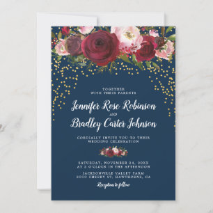 Rustic Blush Burgundy Navy Floral Wedding Invitation