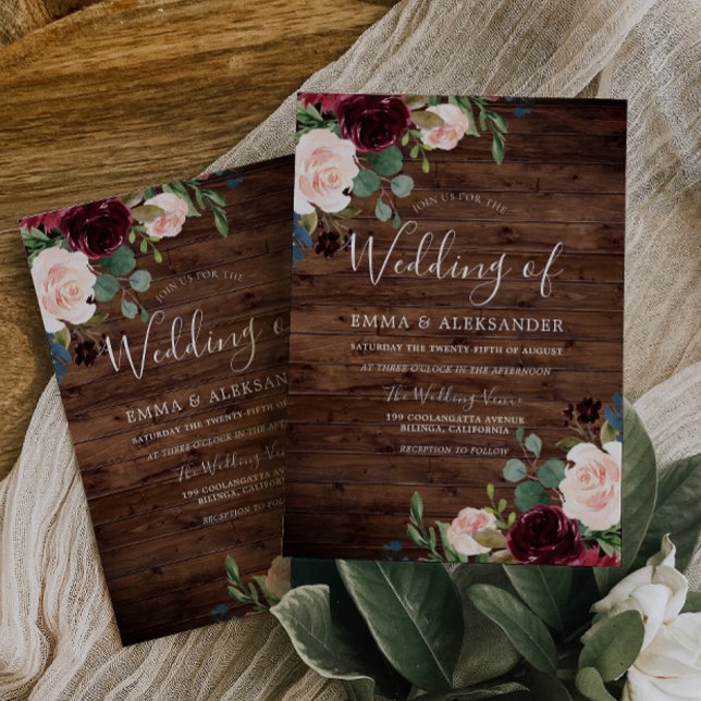Rustic Blush & Burgundy Red Wine Flowers Wedding Invitation (Creator Uploaded)