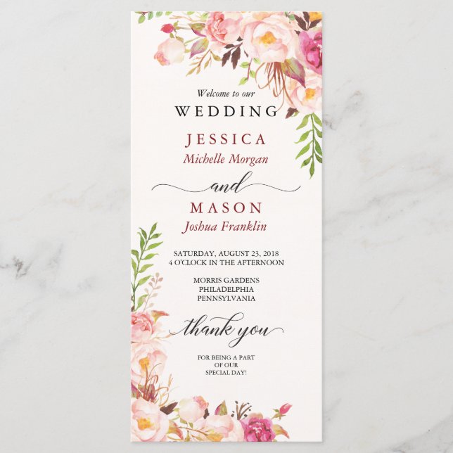 Rustic Blush Burgundy Wedding Program Programme (Front)