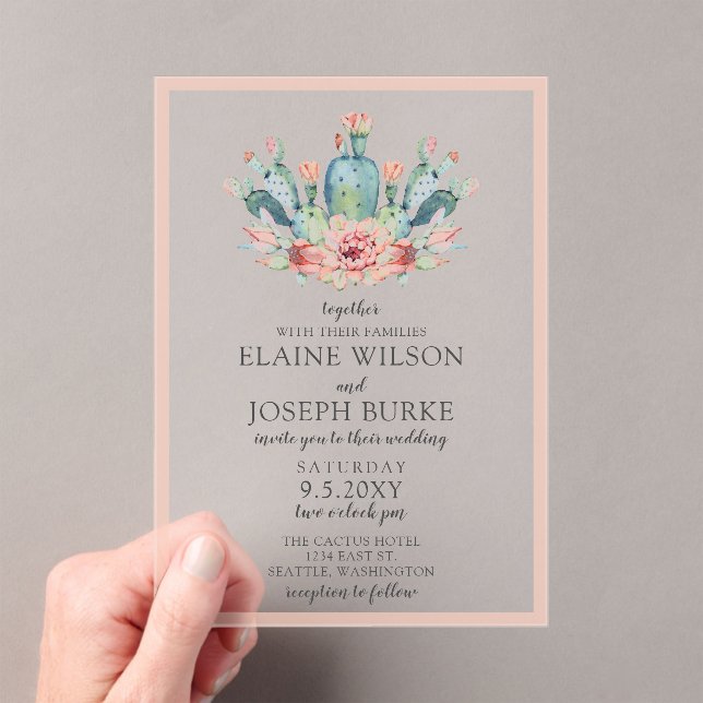 Rustic Blush Cacti Botanical Nature Desert Wedding Acrylic Invitations (Insitu (Handheld))