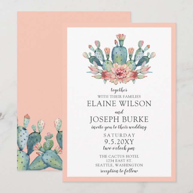 Rustic Blush Cacti Botanical Nature Desert Wedding Invitation (Front/Back)