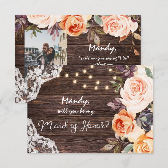 Rustic Blush Floral Be My Maid of Honour with Phot Invitation (Front/Back)