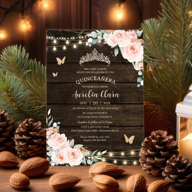 Rustic Blush Floral Enchanted Forest Quinceañera Invitation (Creator Uploaded)