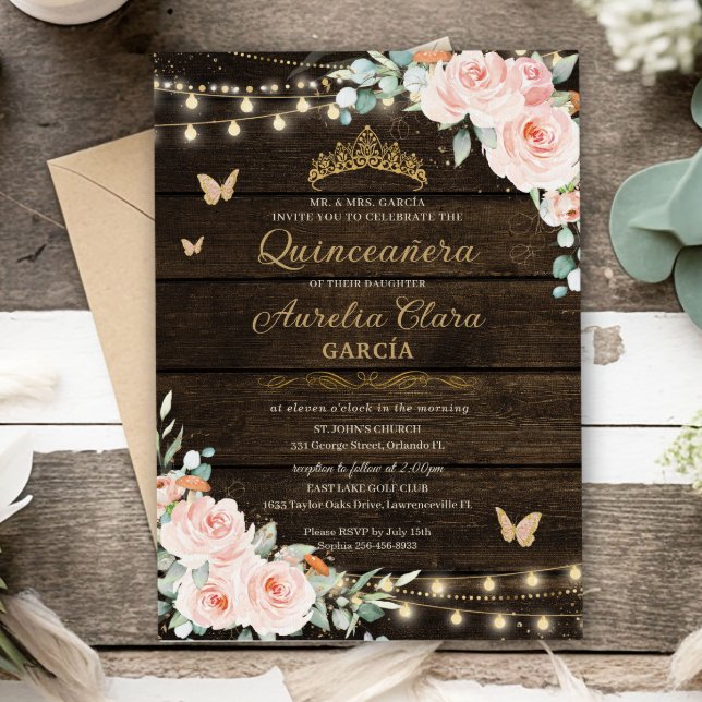 Rustic Blush Floral Enchanted Forest Quinceanera Invitation (Creator Uploaded)