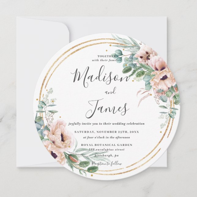 Rustic Blush Floral Eucalyptus Wedding Gold Circle Invitation (Front)