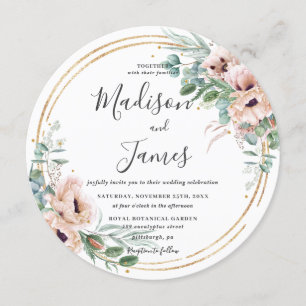 Rustic Blush Floral Eucalyptus Wedding Gold Circle Invitation