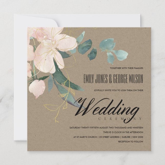 RUSTIC BLUSH FLORAL KRAFT BUNCH WATERCOLOR WEDDING INVITATION (Front)