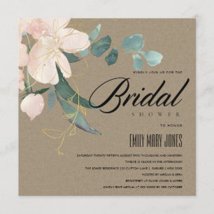 RUSTIC BLUSH FLORAL KRAFT WATERCOLOR BRIDAL SHOWER INVITATION