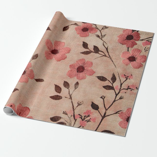 Rustic Blush Floral Linen Pattern (4) Wrapping Paper (Unrolled)