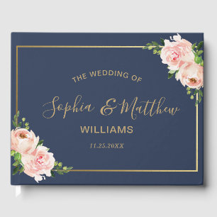 Rustic Blush Floral Roses Greenery Navy Wedding Guest Book