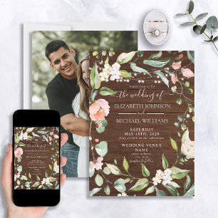 Rustic Blush Floral Script Wood Photo Wedding Invitation