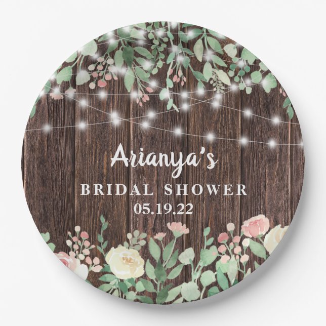 Rustic Blush Floral String Lights Bridal Shower Paper Plate (Front)