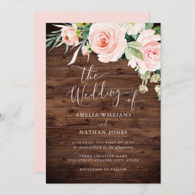 Rustic Blush Floral Wedding Invitation (Front/Back)