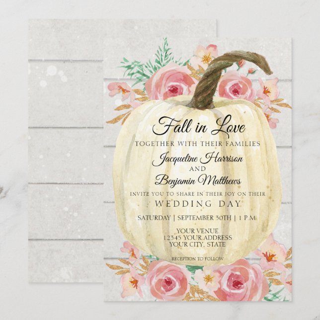 Rustic Blush Floral White Pumpkin n Shiplap Wood Invitation (Front/Back)
