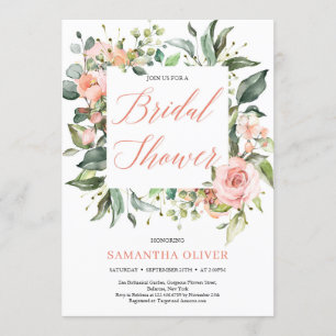 Rustic blush floral wreath green Bridal Shower Invitation