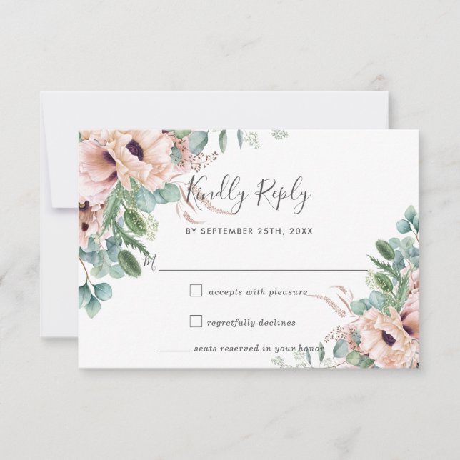 Rustic Blush Flowers Eucalyptus Wedding RSVP Card (Front)