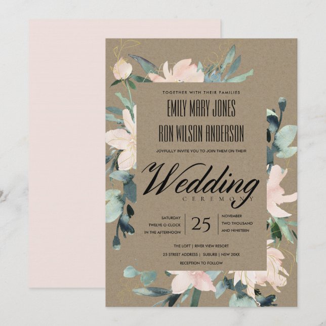 RUSTIC BLUSH GOLD KRAFT FLORAL WATERCOLOR WEDDING INVITATION (Front/Back)
