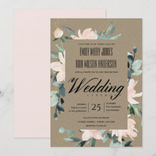 RUSTIC BLUSH GOLD KRAFT FLORAL WATERCOLOR WEDDING INVITATION