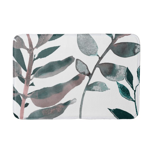 Rustic Blush Greenery Botanical Leaves Watercolor Bath Mat (Front)