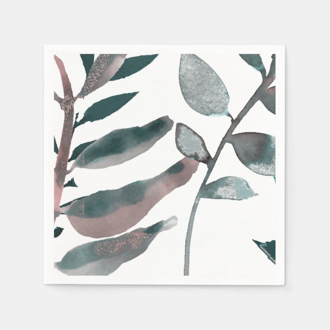 Rustic Blush Greenery Botanical Leaves Watercolor Napkin (Front)